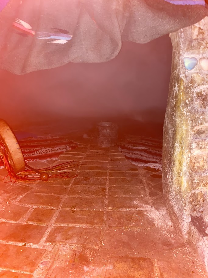 Temazcal entrance at night before ceremony in Mayan community Riviera Maya